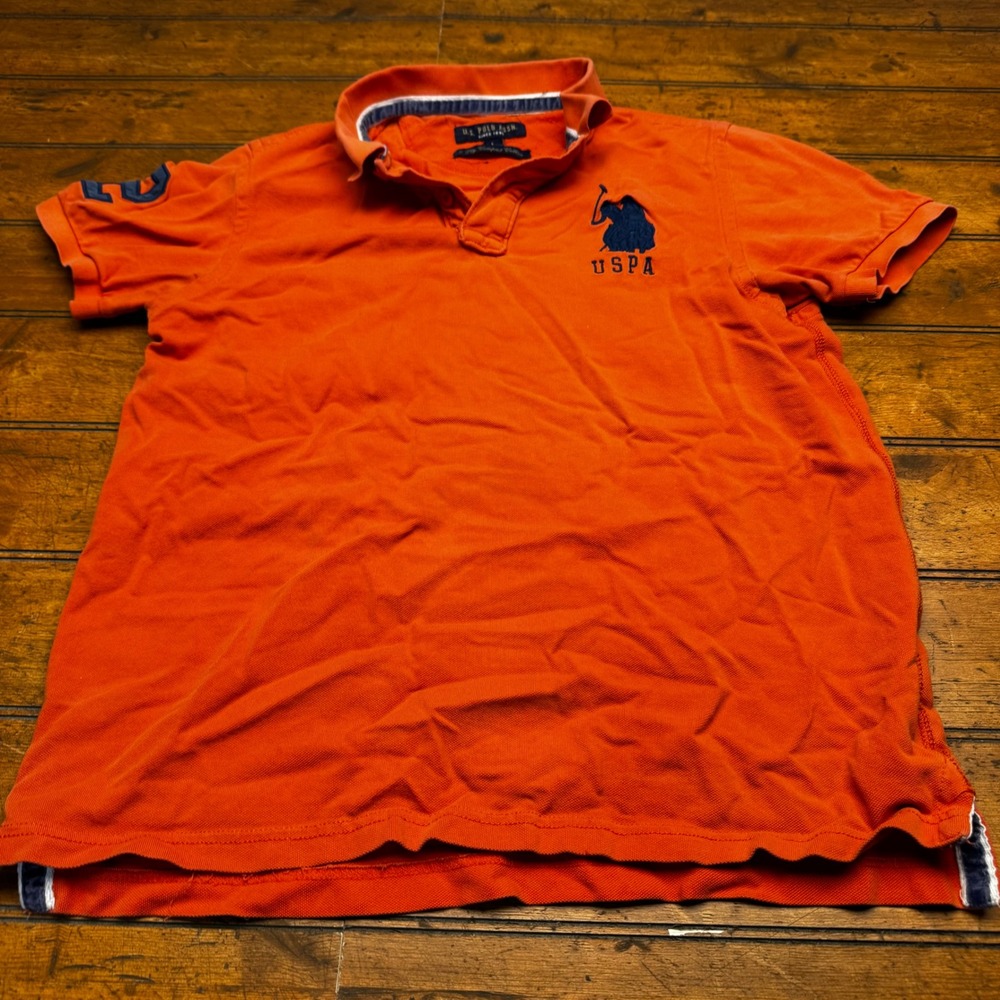US Polo Assn‎ Mens Large Orange Short Sleeve Pique Polo Shirt Big Logo Number 3